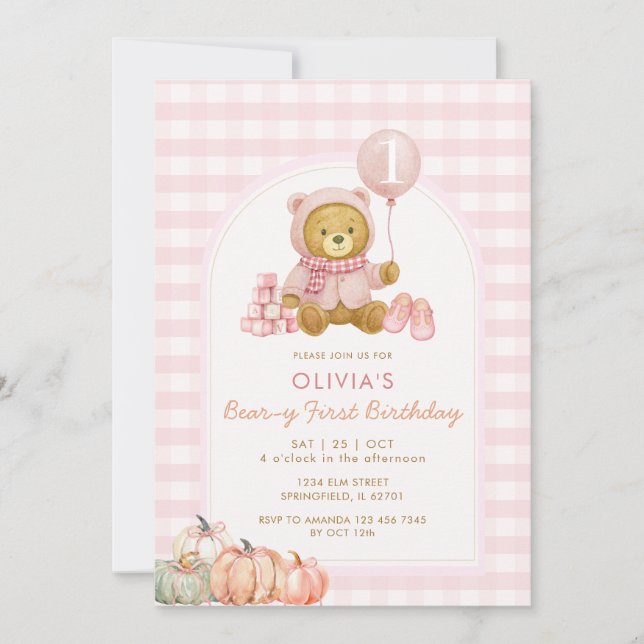 Convites Bear Pumpkin Suave Beary Rosa Primeiro Aniversário (Frente)