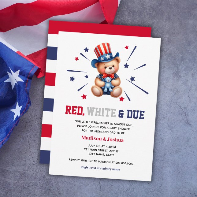 Convites Bear Red White due Boy Chá de fraldas 4 De Julho (Bear Red White Due Boy Baby Shower 4th Of July Invitation
)