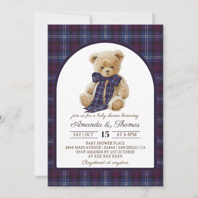 Convites Bear Tartan Gender Neutral Baby Shower (Frente)