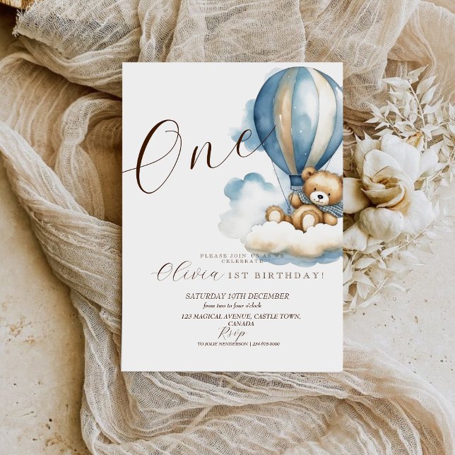 Convites Bear Watercolor Primeiro Aniversário Sexo Neutro (Criador carregado)