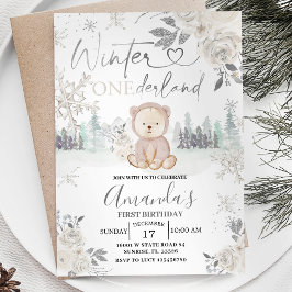 Convites Bear Winter Onederland Snowflake Floral Birthday