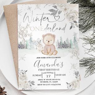 Convites Bear Winter Onederland Snowflake Floral Birthday
