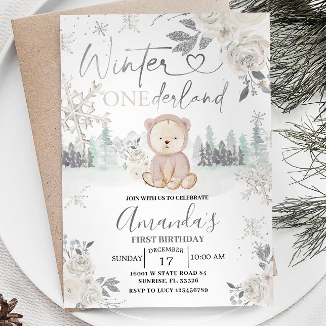Convites Bear Winter Onederland Snowflake Floral Birthday (Criador carregado)