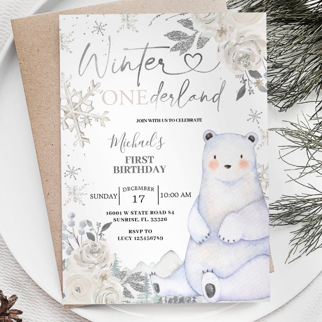 Convites Bear Winter Onederland White Floral Birday (Criador carregado)