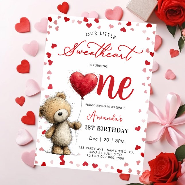 Convites Bear with balloon Valentines 1st girl Birthday (Criador carregado)