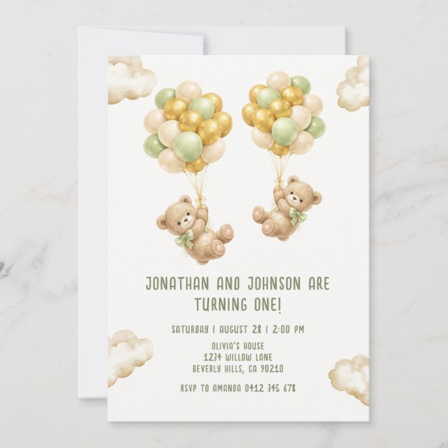 Convites Bear With Balloons Twins First Birthday Invitation (Frente)