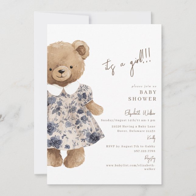 Convites Bear-y Cute Teddy Bear It's a Girl Baby Shower (Frente)
