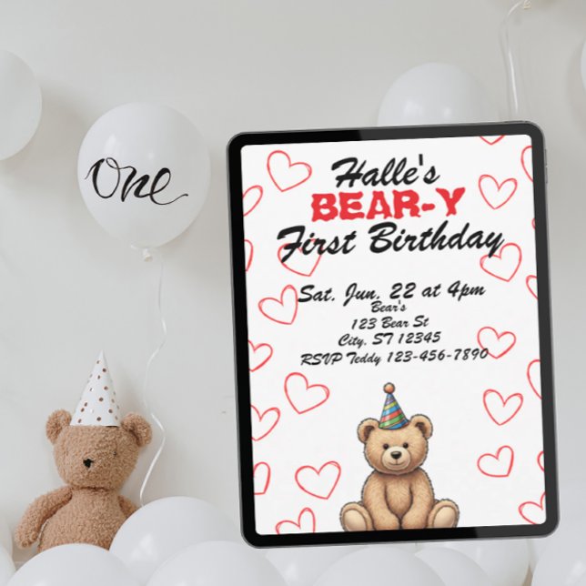 Convites BEAR-Y First Birthday, cute teddy bear birthday (Criador carregado)