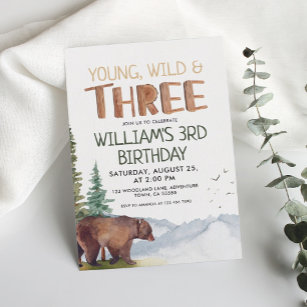 Convites Bear Young Wild e Três Meninos aniversário de 3 an