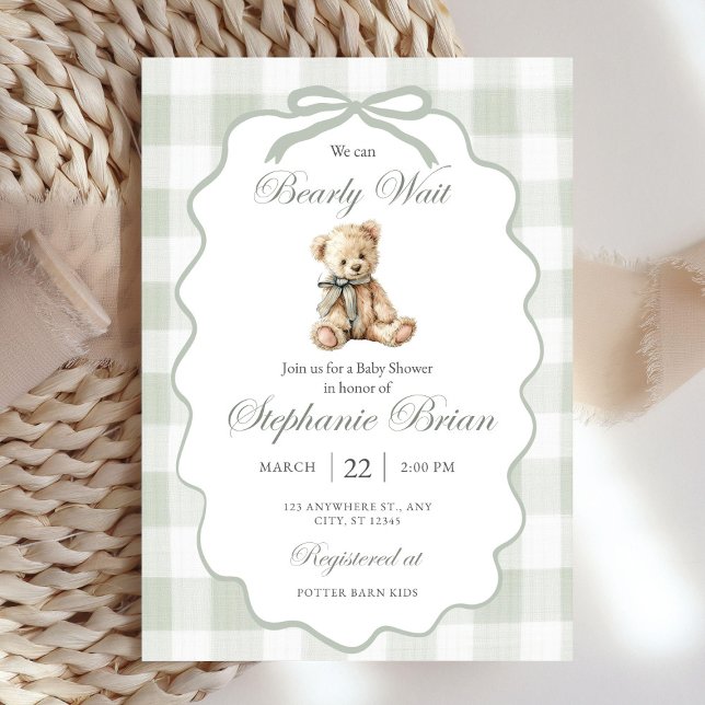 Convites Bearly Baby Shower Invite Download Sage Green Ging (Criador carregado)