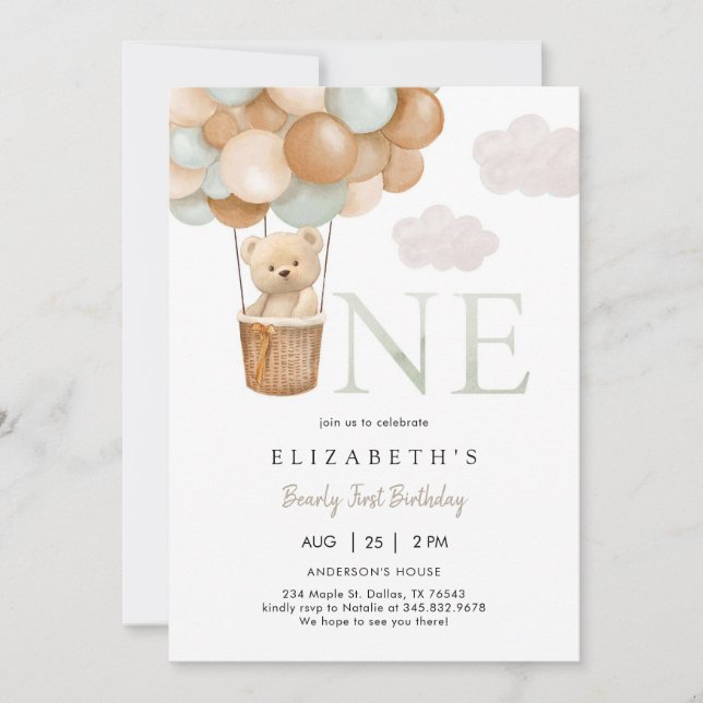 Convites Bearly First Teddy Bear 1st Birthday Invitation (Frente)