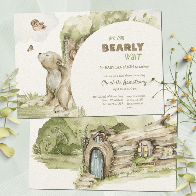 Convites Bearly Wait Floresta Sage Verde Chás de Bebê (Hand-Painted Watercolor Bear Cub Baby Shower Invitation ©Susanne Sachers - Sunny Mind 🌞)