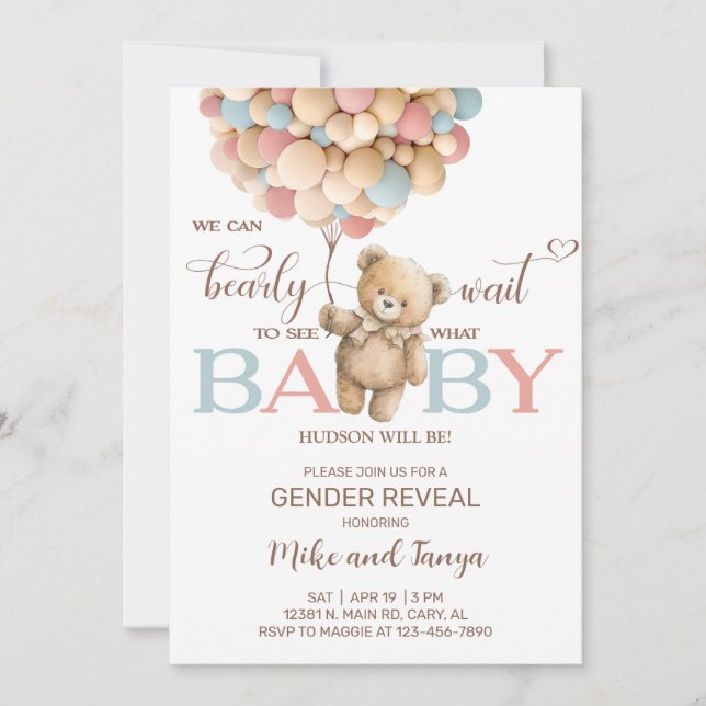 Convites Bearly wait gender reveal invite, bear balloons. (Frente)