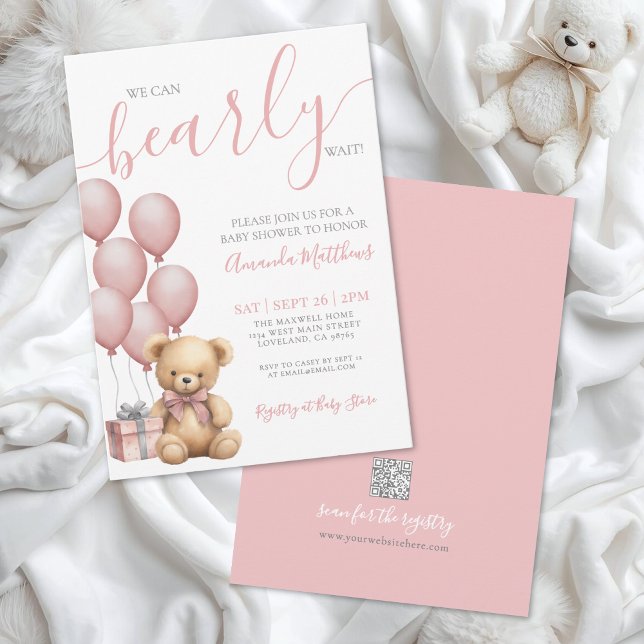 Convites Bearly Wait Girl Urso Rosa Chá de Bebê (Bearly Wait Girl Pink Bear Baby Shower Invitation)