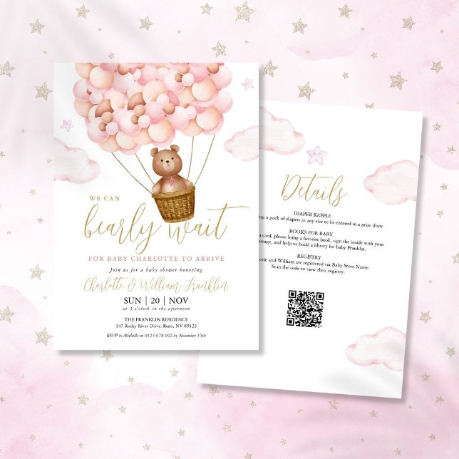 Convites Bearly Wait Menina Rosa Tudo em Um Chá de Bebê (Bearly Wait Pink Girl All In One Baby Shower Invitation)