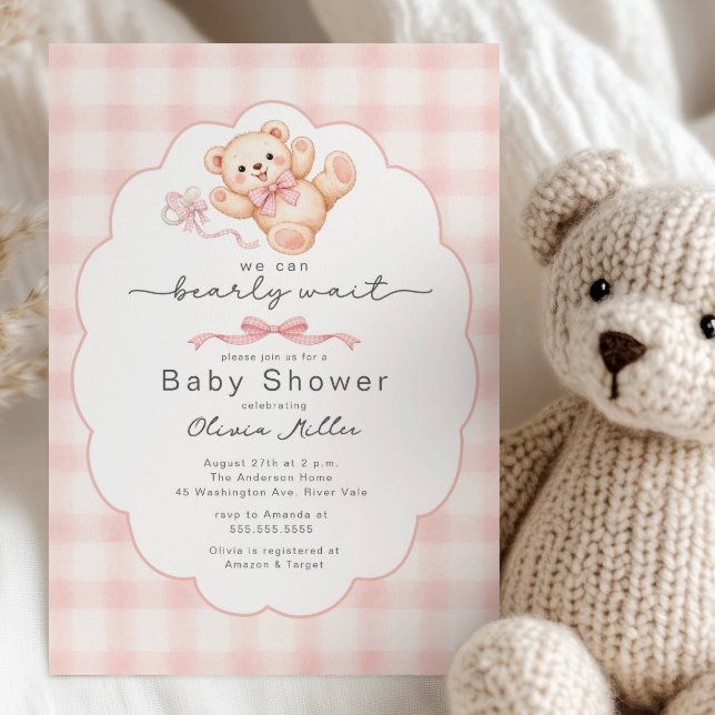 Convites Bearly Wait Pink Teddy Bear Baby Shower Invite (Criador carregado)