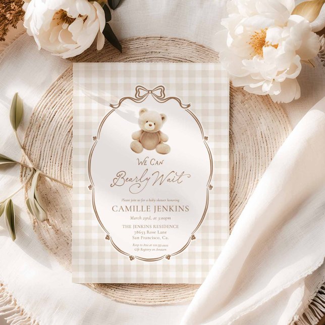 Convites Beart Wait Teddy Bear Gingham Chá de fraldas Convi (Bearly Wait Teddy Bear Baby Shower Invitation)