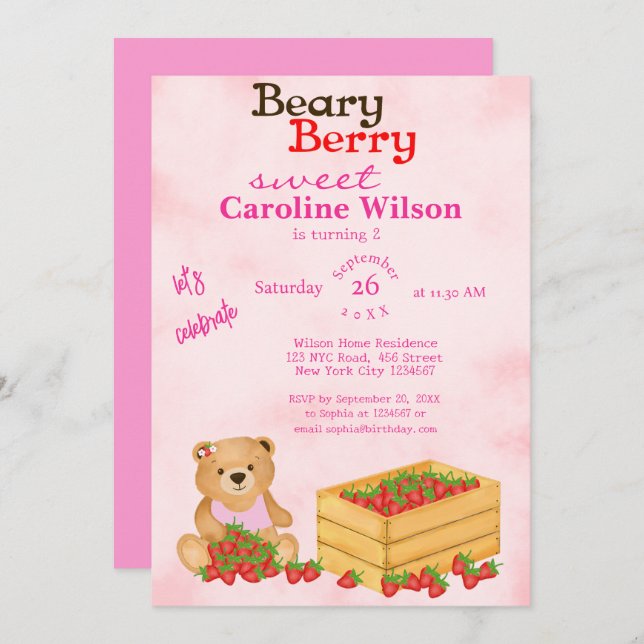 Convites Beary Berry Sweet Pink Cub's Strawberry Aniversári (Frente/Verso)