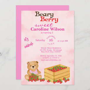 Convites Beary Berry Sweet Pink Cub's Strawberry Aniversári