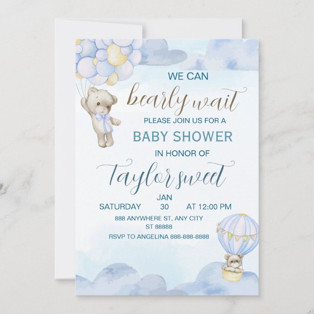 Convites Beary Cute Blue Teddy Bear Baby Shower Invitation (Frente)