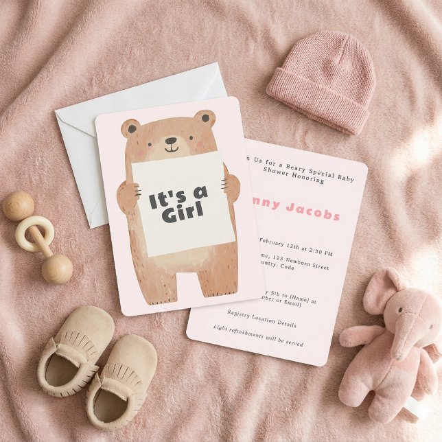 Convites Beary Cute É uma menina Chá de fraldas urso (Beary Cute It’s a girl Baby Shower bear Invitation)