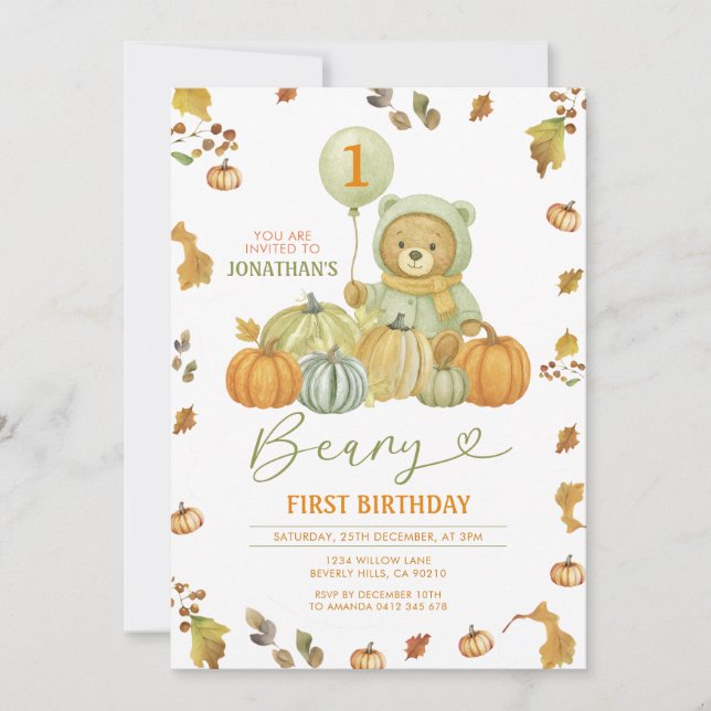 Convites Beary First Birday Pumpkin Green Autumn Leaves (Frente)