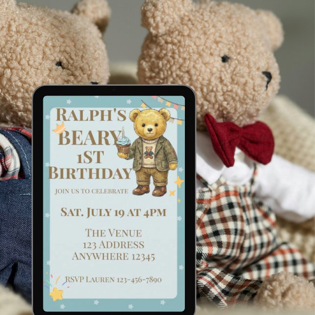 Convites Beary First Birthday Blue Brown Dapper Bear (Criador carregado)