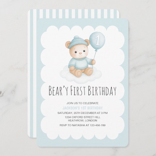 Convites Beary First Birthday Blue Teddy Bear (Frente/Verso)