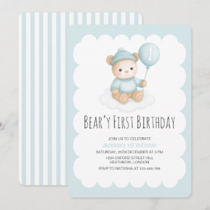 Convites Beary First Birthday Blue Teddy Bear