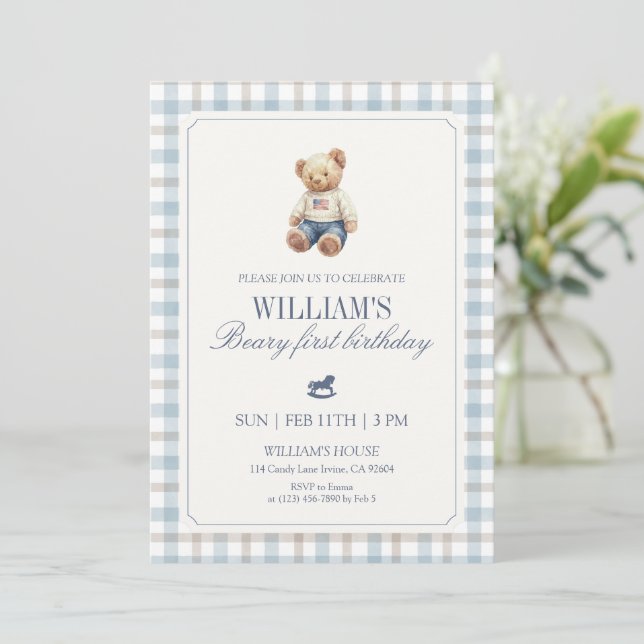 Convites Beary First Birthday Boy Teddy Bear Gingham (Em pé/Frente)