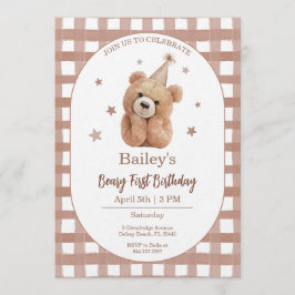 Convites Beary First Birthday Gingham
