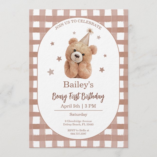 Convites Beary First Birthday Gingham (Frente)