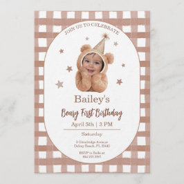 Convites Beary First Birthday Gingham Photo Invitation