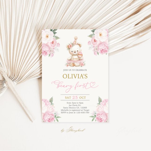 Convites Beary First Birthday Girl (Criador carregado)