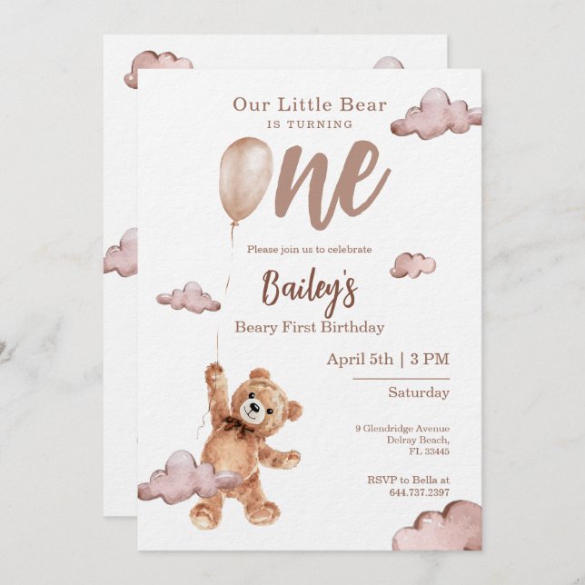 Convites Beary First Birthday Invitation (Frente/Verso)
