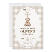 Beary First Birthday Invitation Gingham Editable