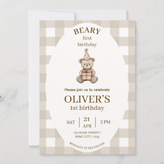 Convites Beary First Birthday Invitation Gingham Editable