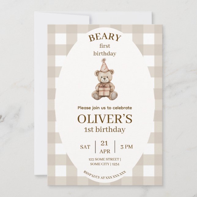 Convites Beary First Birthday Invitation Gingham Editable (Frente)