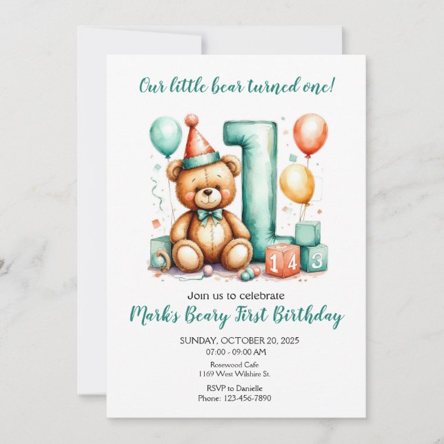 Convites Beary First Birthday Invite, Cute Bear 1st invite (Frente)
