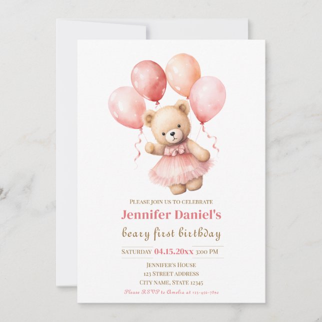 Convites Beary First Birthday Invite with Pink Balloons (Frente)