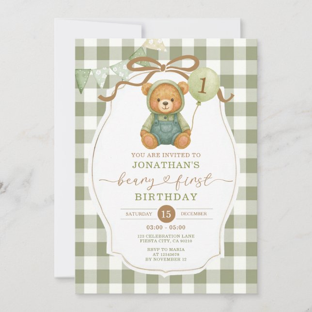 Convites Beary First Birthday Pumpkin Sage Green Gingham (Frente)