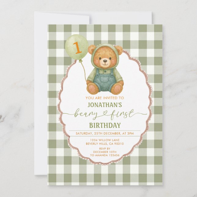 Convites Beary First Birthday Pumpkin Sage Green Gingham (Frente)