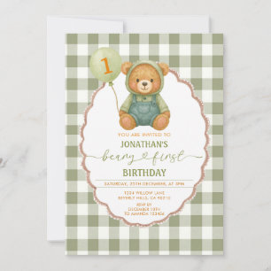 Convites Beary First Birthday Pumpkin Sage Green Gingham