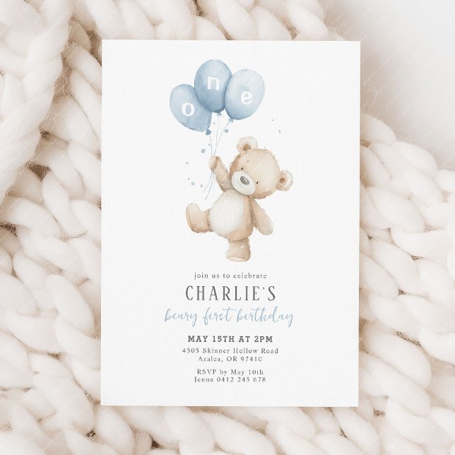 Convites Beary First Blue Balloon Boy 1st Birthday Teddy (Beary 1st Birthday Invitation | Boy's blue balloon teddy bear invitation)