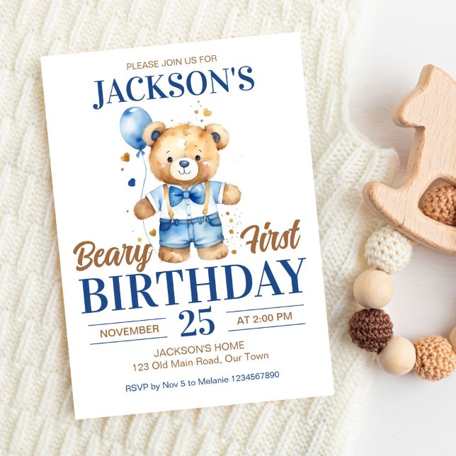 Convites Beary First boys aniversariante ursinho azul-balão (Beary first birthday party editable template invitation digital download cute teddy bear blue pants)