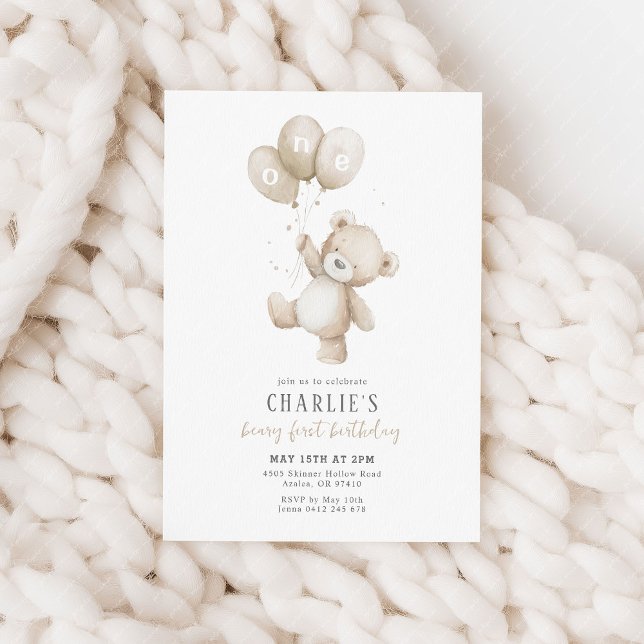 Convites Beary First Neutral Balloon Boy 1st Birthday Teddy (Beary first birthday! Beige balloon and teddy bear 1st birthday party invitation)