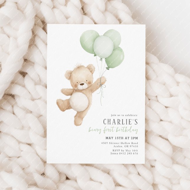 Convites Beary First Sage Balloon Boy 1st Birthday Teddy (Beary 1st birthday invitation | Sage green balloons and teddy bear.)