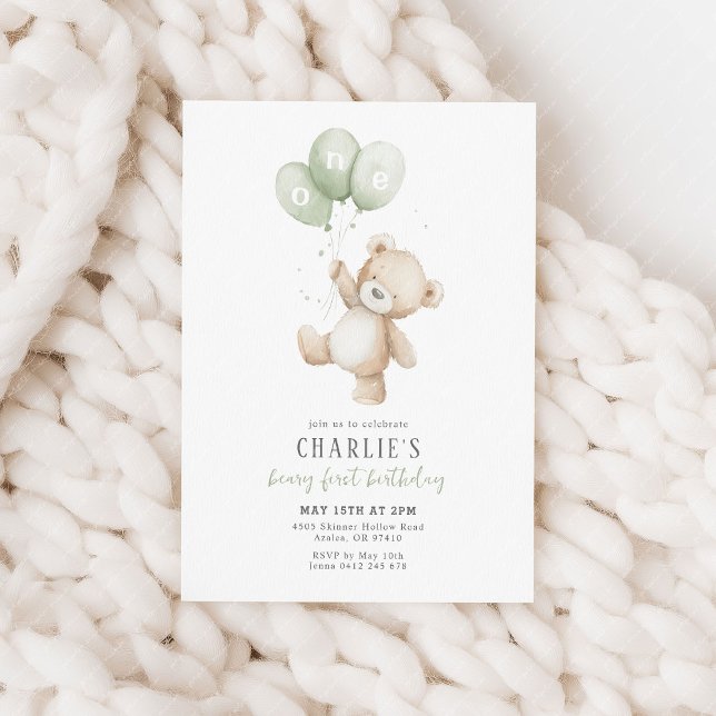Convites Beary First Sage Green Balloon Boy 1st Birthday (Beary first birthday! 1st birthday invitation with teddy bear and sage green balloons)