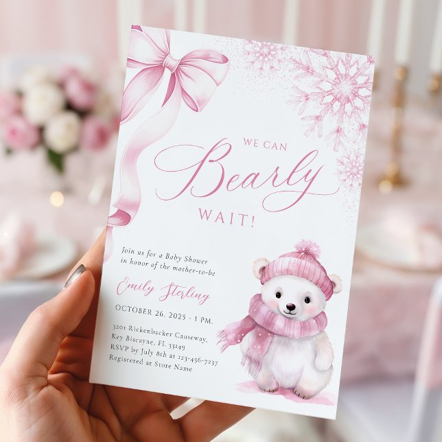 Convites Beary Pink Winter Baby Shower Invitation (Criador carregado)