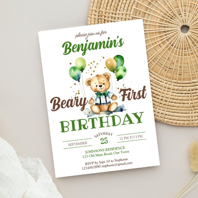 Convites Beary, primeira festa de ursinho verde (Beary first teddy bear birthday party template invitation digital download cute teddy with bow tie)